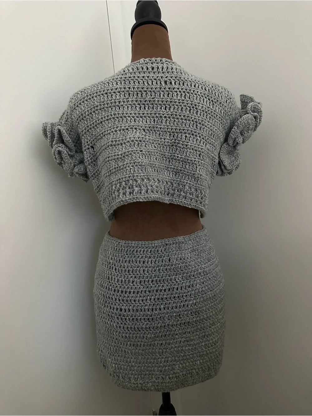 Handmade Crochet Two-Piece Set in Light Gray